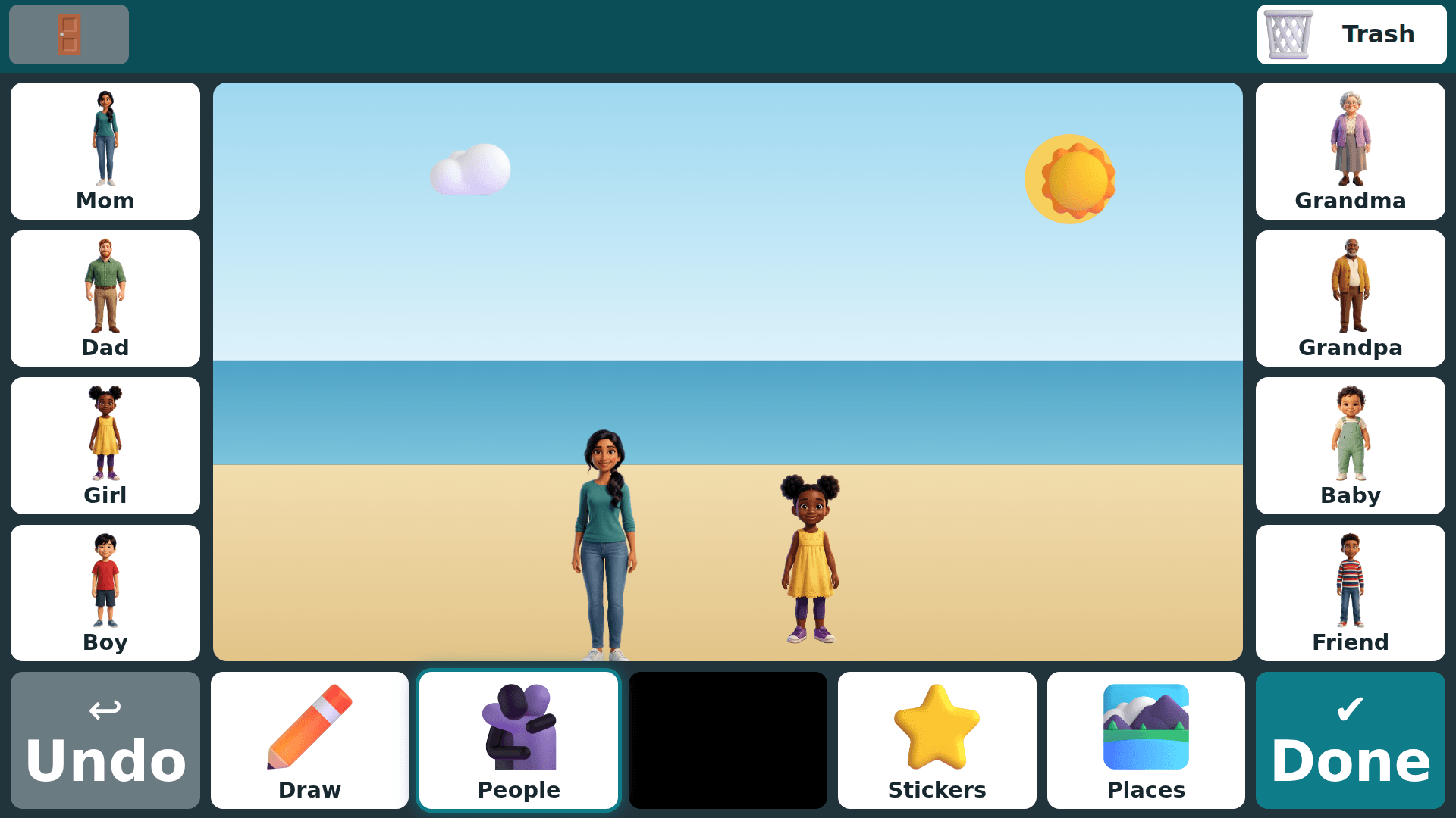 People mode: two of the built-in people standing on the beach, with eight people tiles on either side